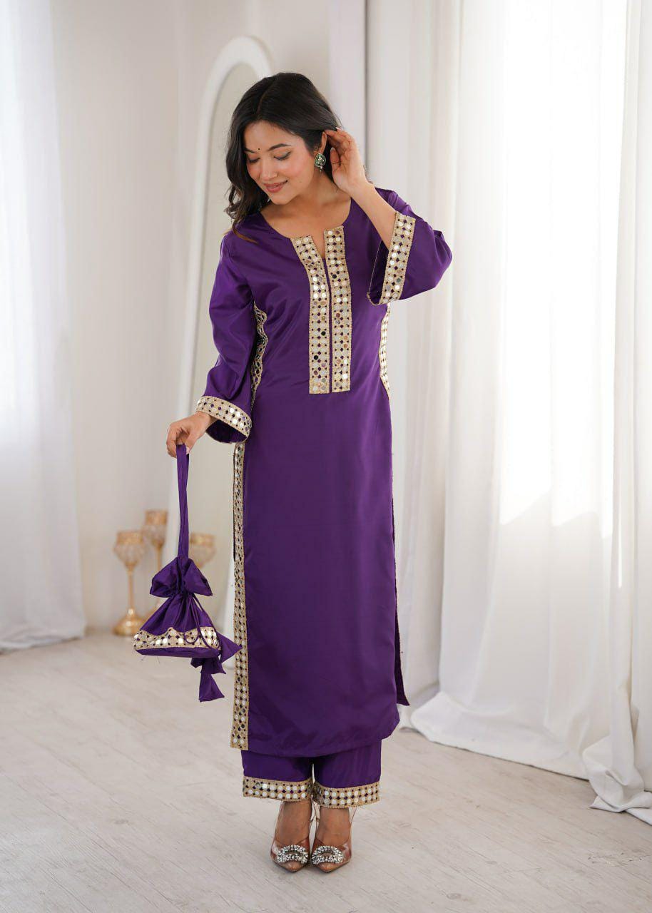 Mirror Work Kurti Pant Set with Batwa Bag, Natural Crepe Ethnic Outfit