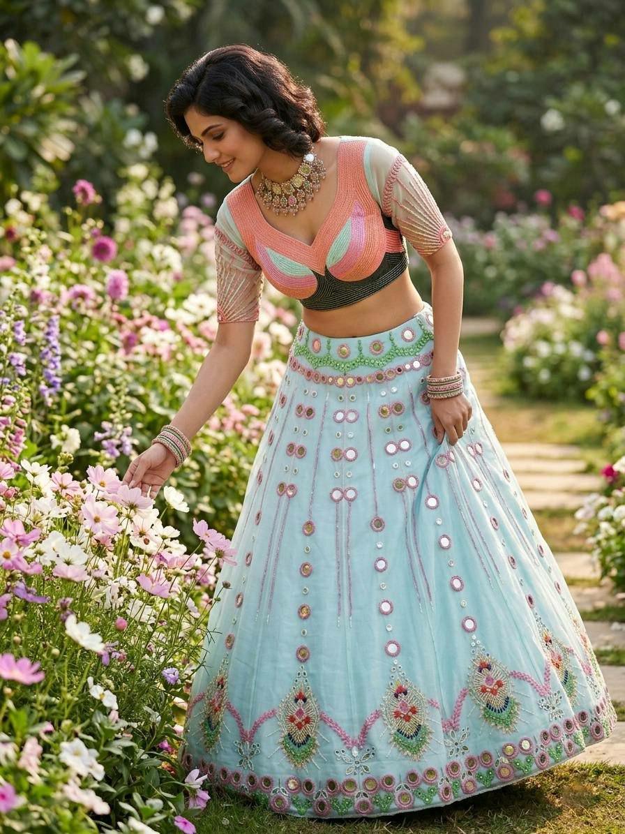 Butterfly Net Lehenga Choli, Mirror Pearl Work, Sequins Embroidery Bridal Set