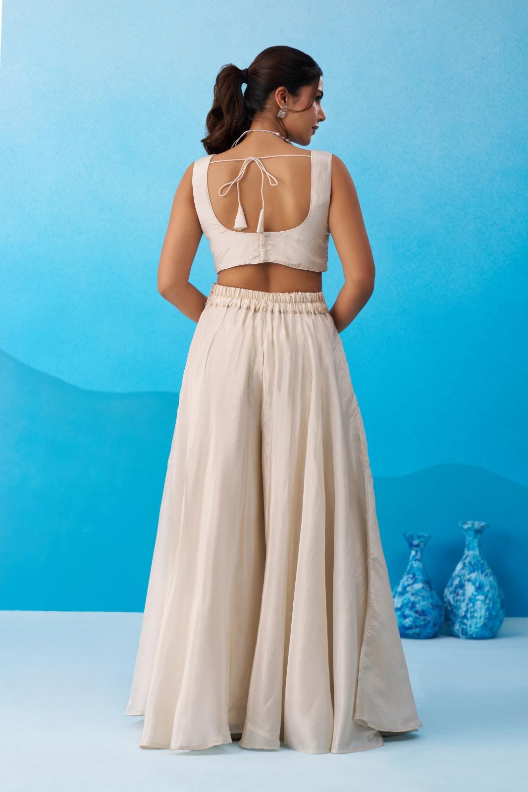 Cream Viscose Crop Top Palazzo Set with Pink Cape, Beads Embroidery Festive Co-Ord