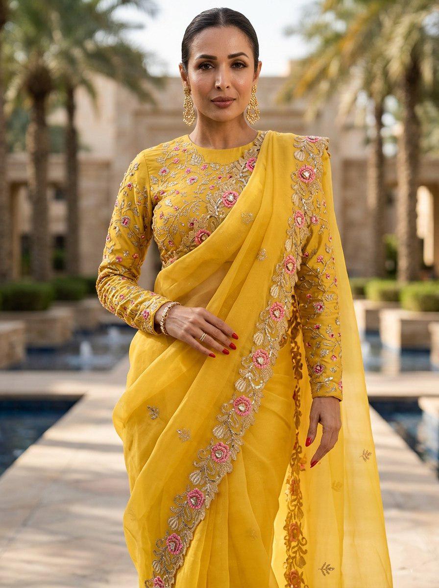 Yellow Chiffon Silk Saree, Heavy Embroidery, Cutwork Border, Festive Wedding Wear