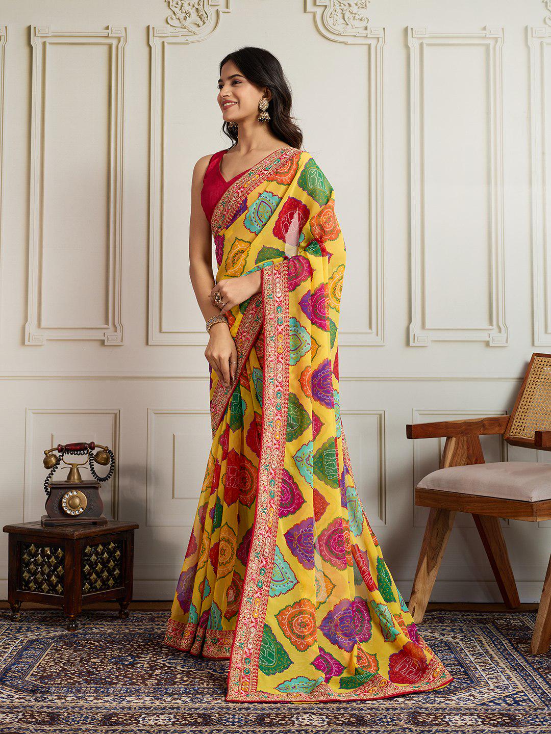 Rajwadi Bandhej Print Georgette Saree | Heavy Embroidered Lace Border, Silk Blouse Piece