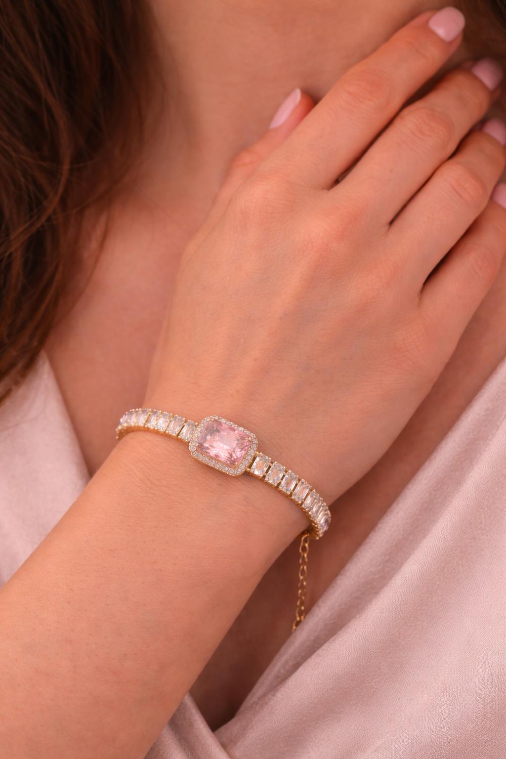 Pink Baguette Crystal Tennis Bracelet, Gold Stainless Steel, Waterproof Bridal Jewelry