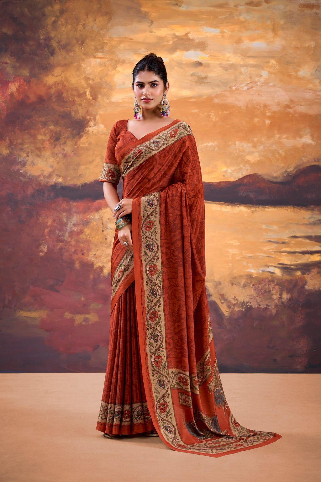 Crepe Printed Saree with Unstitched Blouse, Lightweight Festive Party Wear