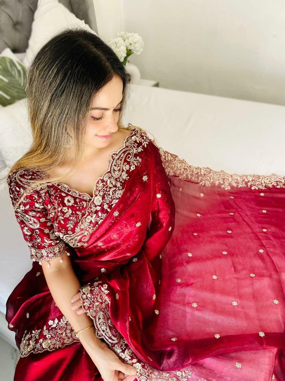 Fandy Satin Saree | Silver Zari Embroidery, Arco Cutwork Border, Wedding Guest Saree