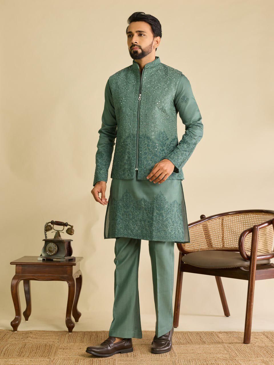 Art Silk Kurta Koti Set | Real Mirror Multi Thread Embroidery Wedding Outfit