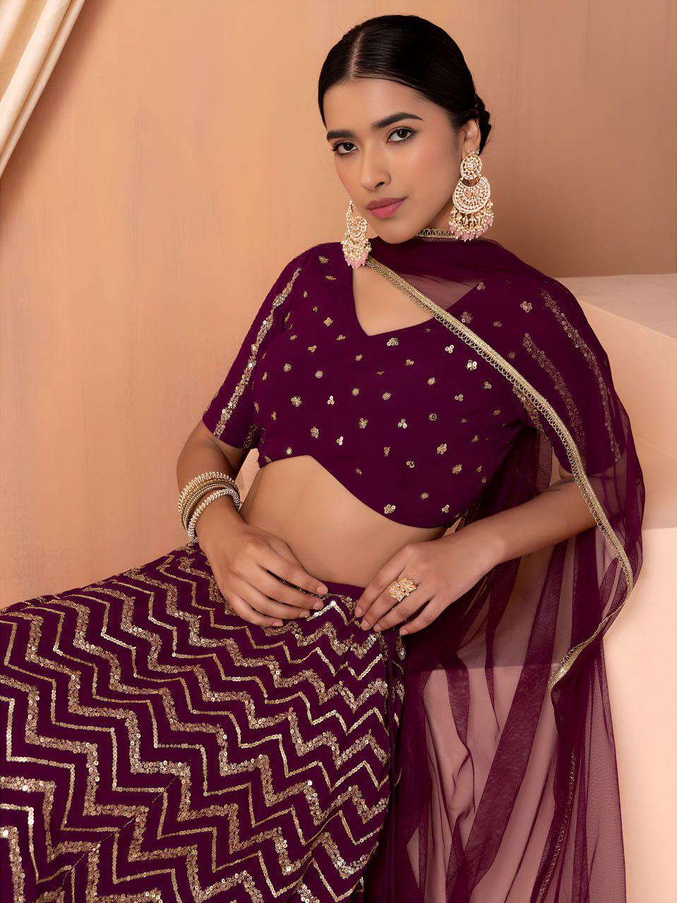 Maroon Georgette Lehenga Choli Set | Sequin Embroidered Semi-Stitched Wedding Party Wear (Dupatta Included)