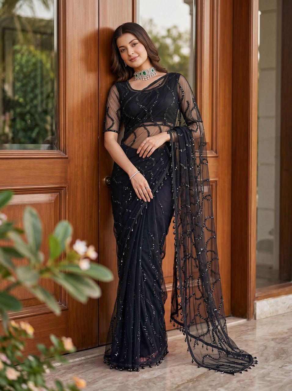 Embroidered Net Saree with Beads, Sequins, Pearls, Designer Party Wear (Unstitched Blouse)