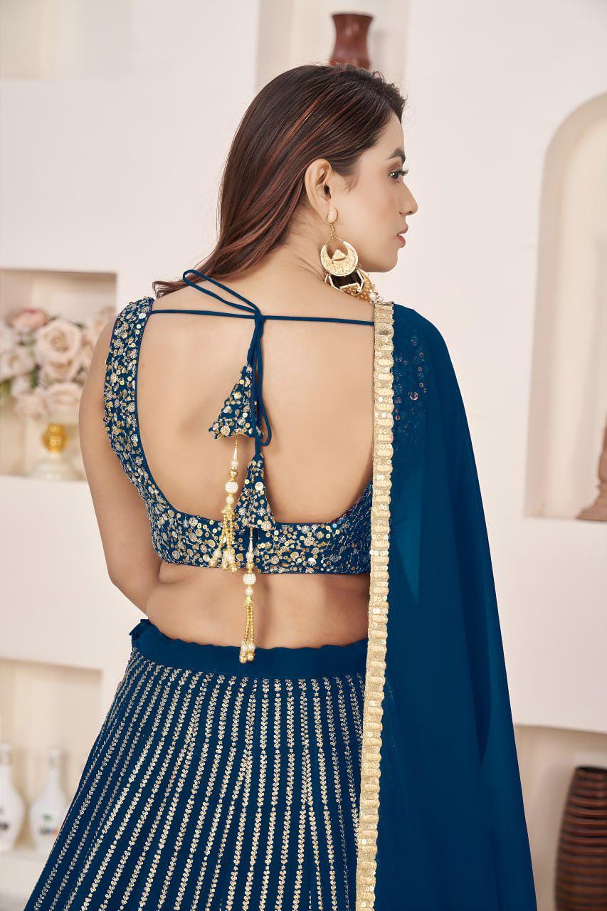 Navy Blue Georgette Lehenga Choli Set | Zari Sequins Embroidery, A-Line (Semi-Stitched)