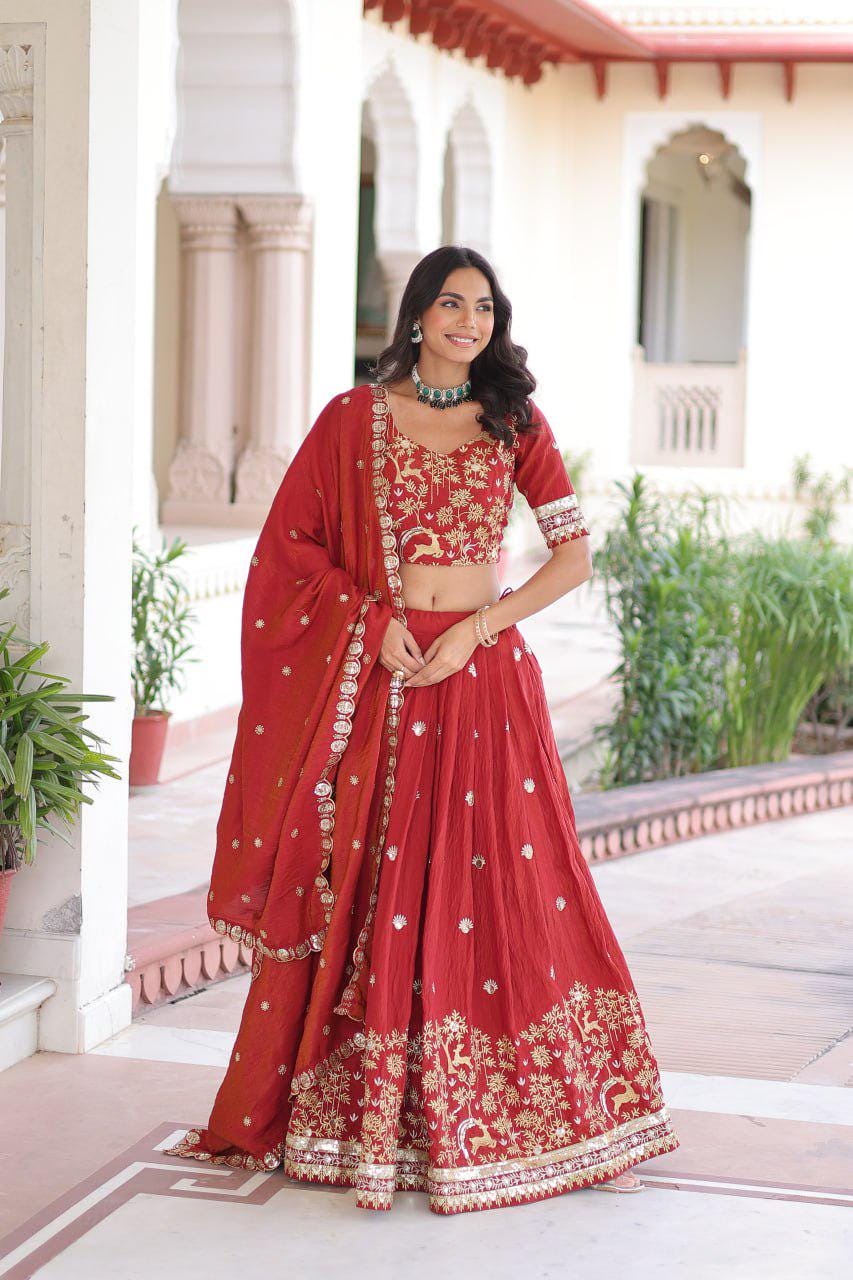 Vichitra Silk Lehenga Choli, Sequins Thread Embroidery, 4 Meter Flare Wedding Set