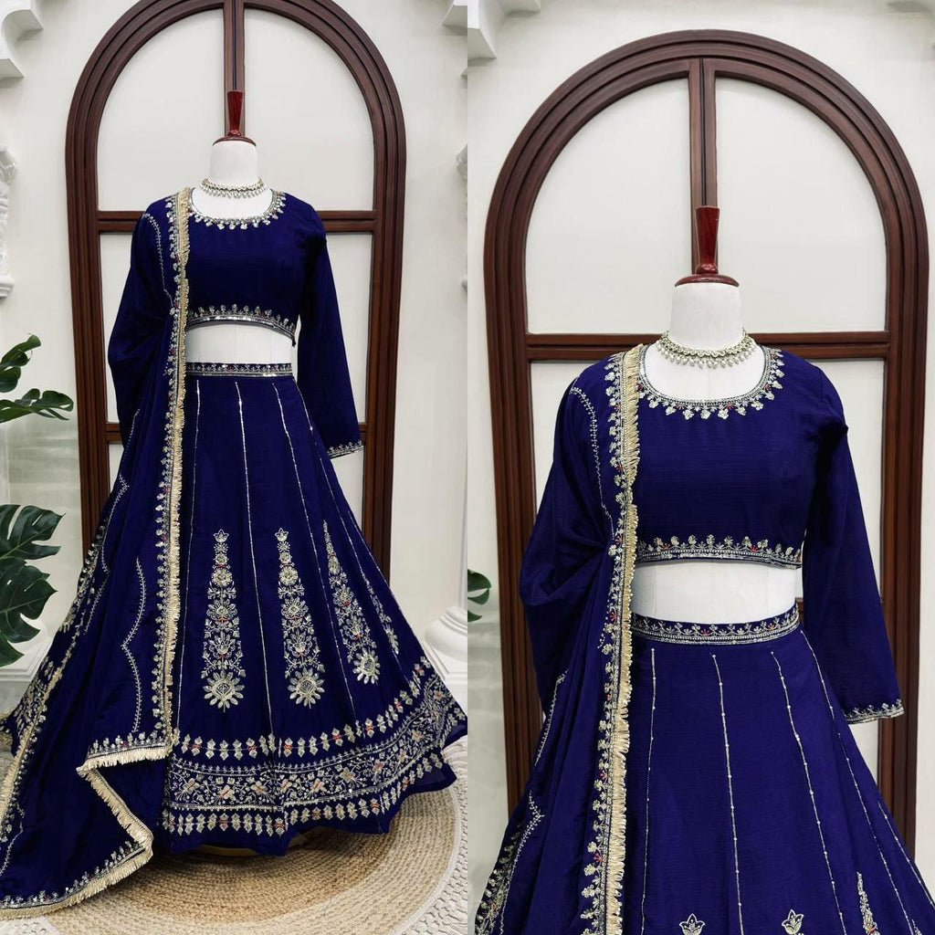 Embroidered Chinon Lehenga Choli Set | Wedding Festive Wear, Sequin Work Dupatta