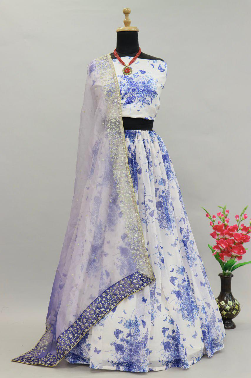 Georgette Lehenga Choli Set, Digital Print, Slub Silk Blouse, Organza Dupatta