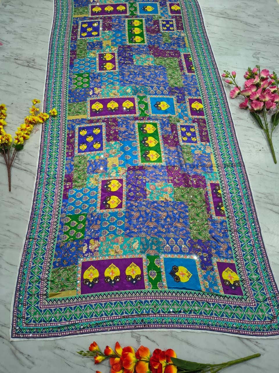 Chinon Silk Saree, Real Mirror Work, Printed Designer, Festive Party Wear (Unstitched Blouse)