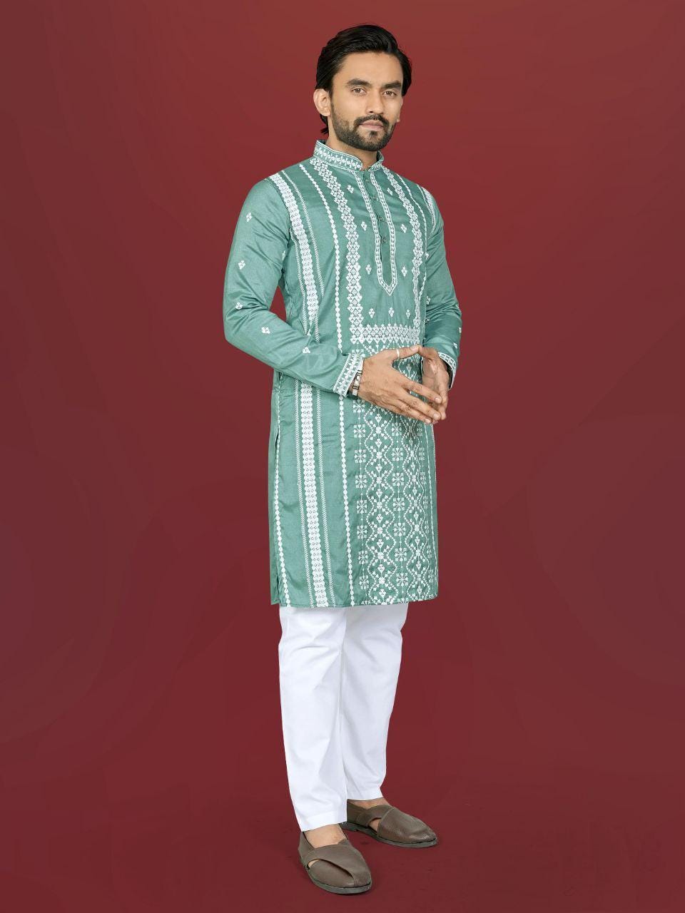 Men's Silk Kurta Pajama Set | Embroidered Silver Sequin Work, Festive Wear