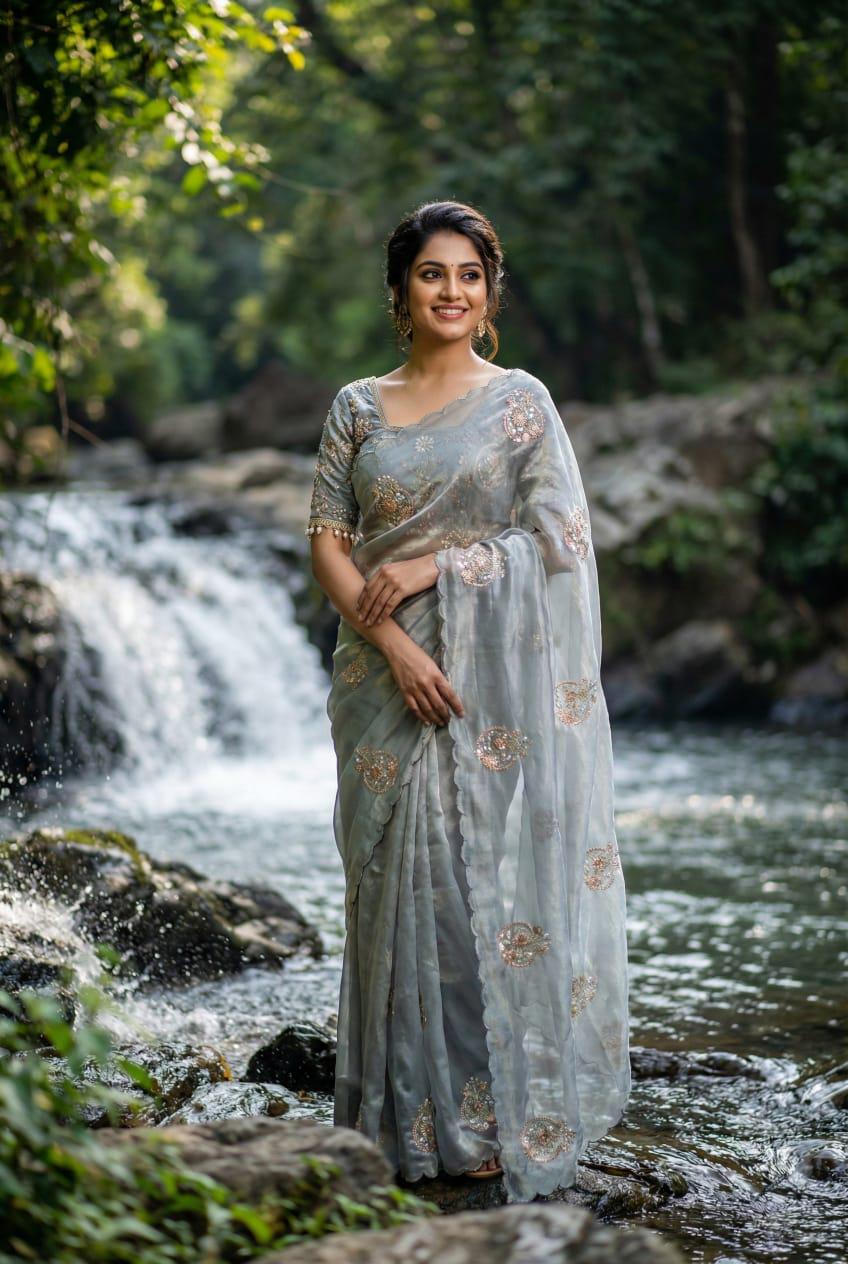Space Silk Saree with Embroidery Beads Work, Ready-to-Wear, Stitched Blouse, Festive Occasion