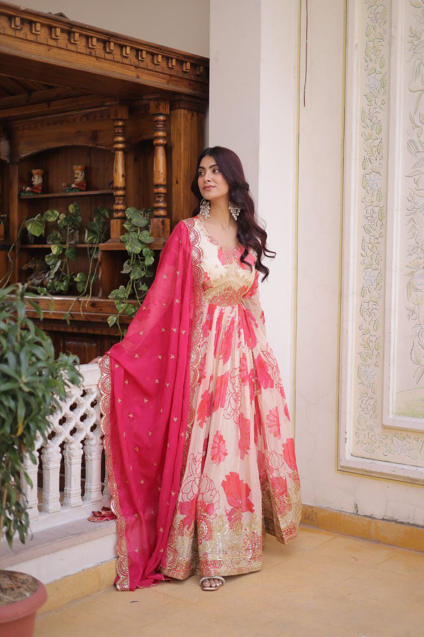 Russian Silk Anarkali Gown, Digital Print, Zari Sequins Embroidery, Flared Ethnic Dress