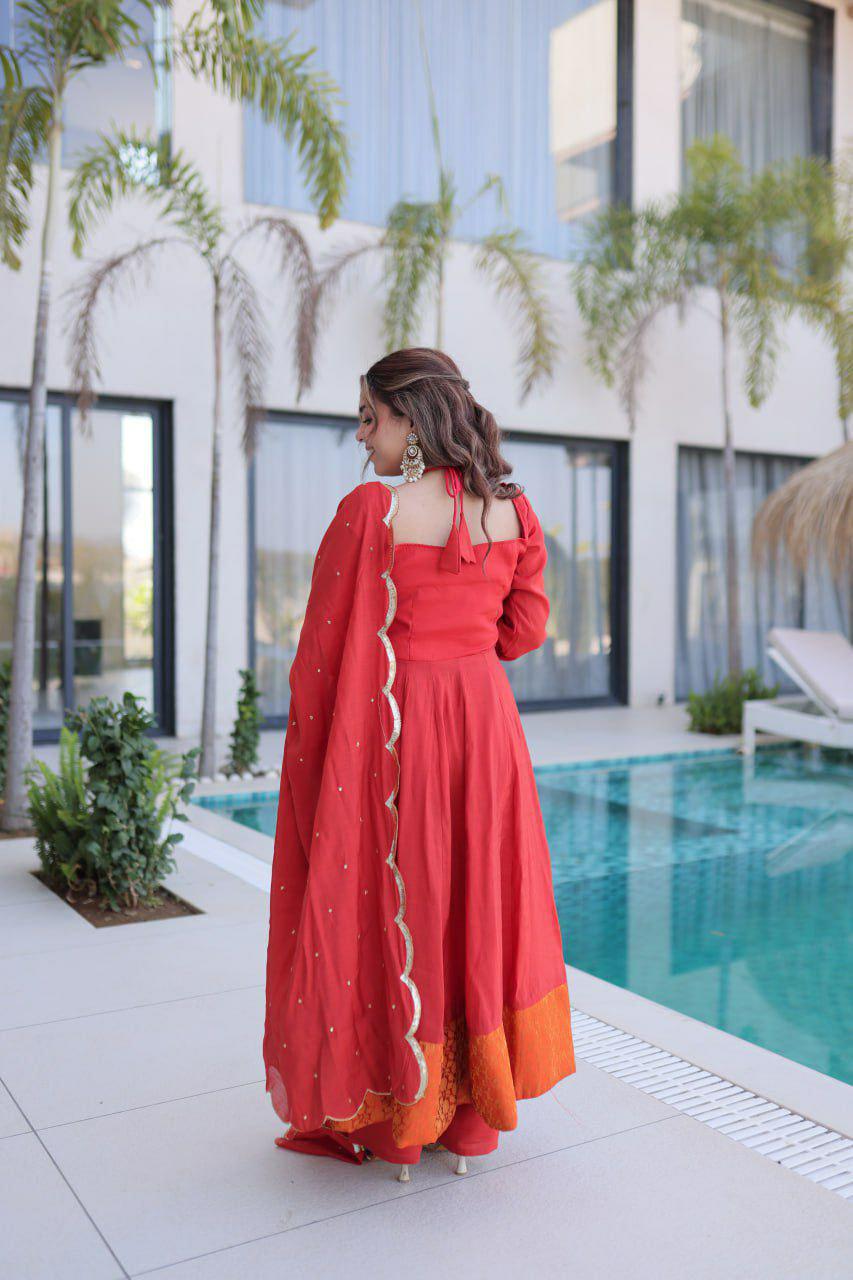 Mul Chanderi Anarkali Kurti Set, Mirror Lace Work, Roman Silk Pant, Embroidered Dupatta