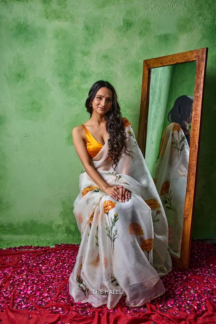 Soft Tabby Floral Sparrow Print Lehenga Choli | Handwork Cutdana Indian Wedding Wear