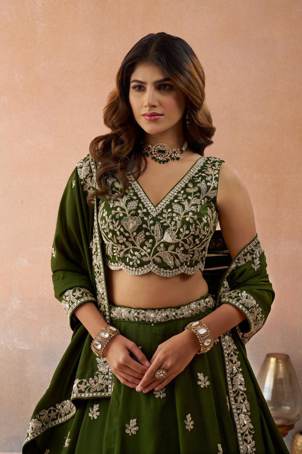 Olive Tissue Lehenga Choli Set, Sequins Zari Embroidery, Bridal Party Wear