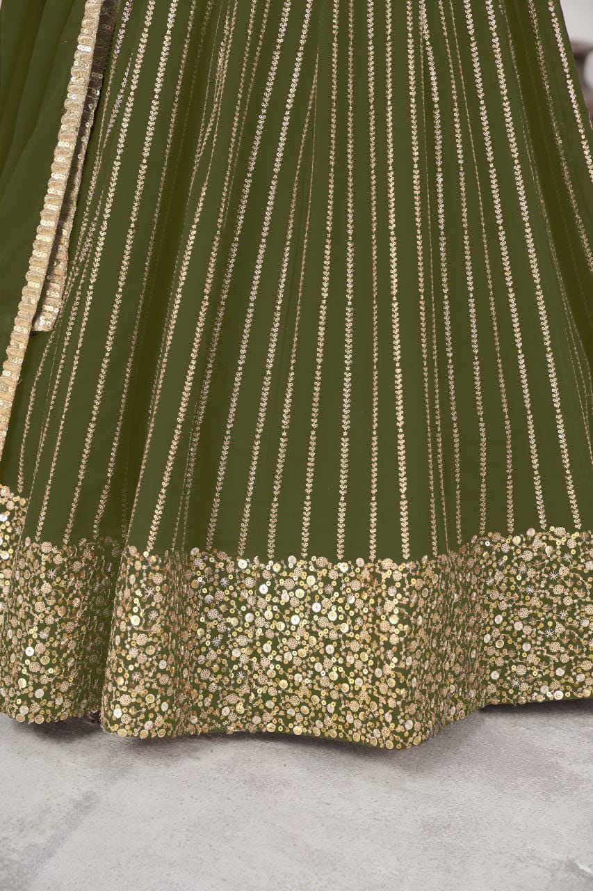 Olive Green Georgette Lehenga Choli Set | Zari Sequins Embroidery, Semi-Stitched A-Line