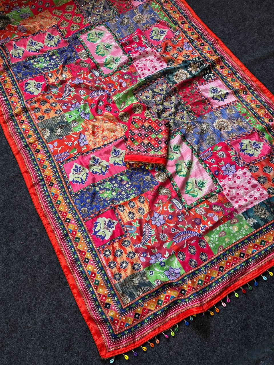 Ajrakh Print Roman Silk Saree, Real Mirror Work, Designer Ethnic Party Wear Blouse