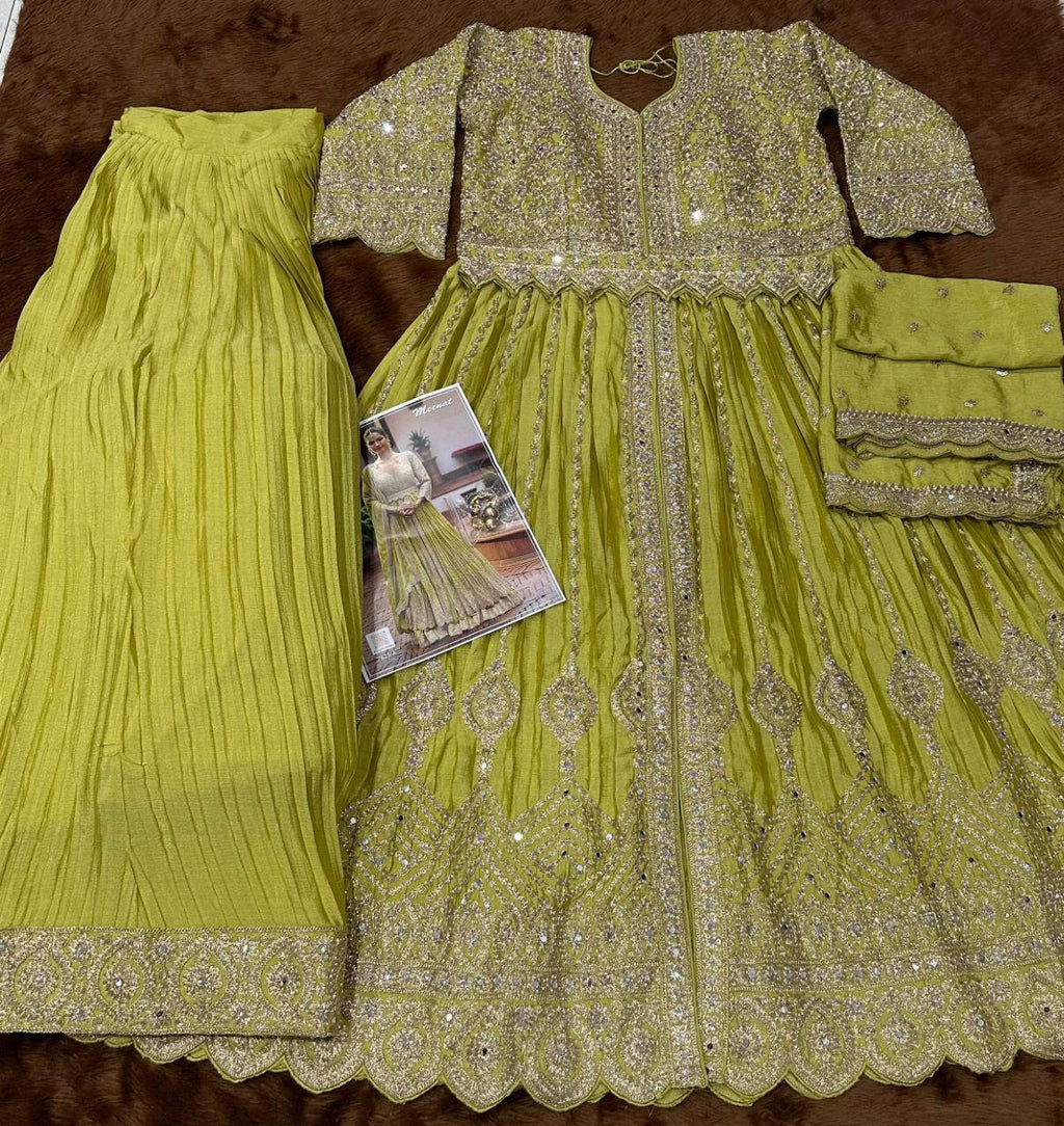 Heavy Chinon Embroidered Lehenga Set with Mirror Belt, Wedding Party Wear