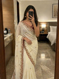 Soft Crunchy Saree with Embroidery, Cutwork Border | Designer Party Wear Saree, Contrast Blouse