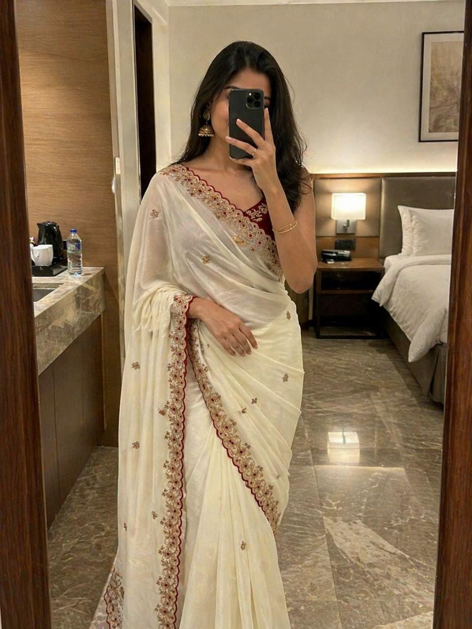 Soft Crunchy Saree with Embroidery, Cutwork Border | Designer Party Wear Saree, Contrast Blouse