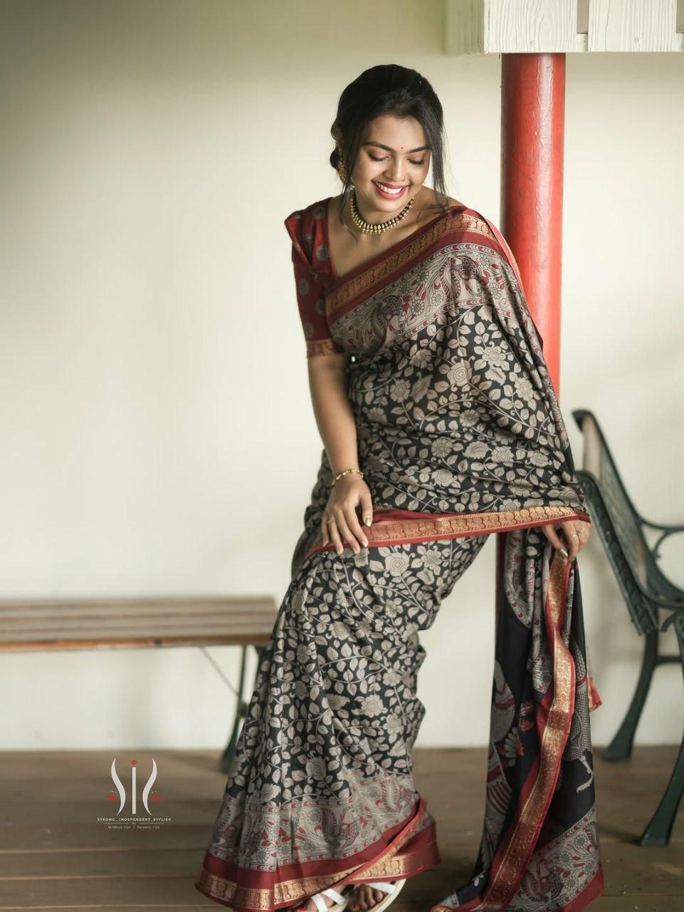 Soft Black Dola Silk Saree with Pen Kalamkari Art