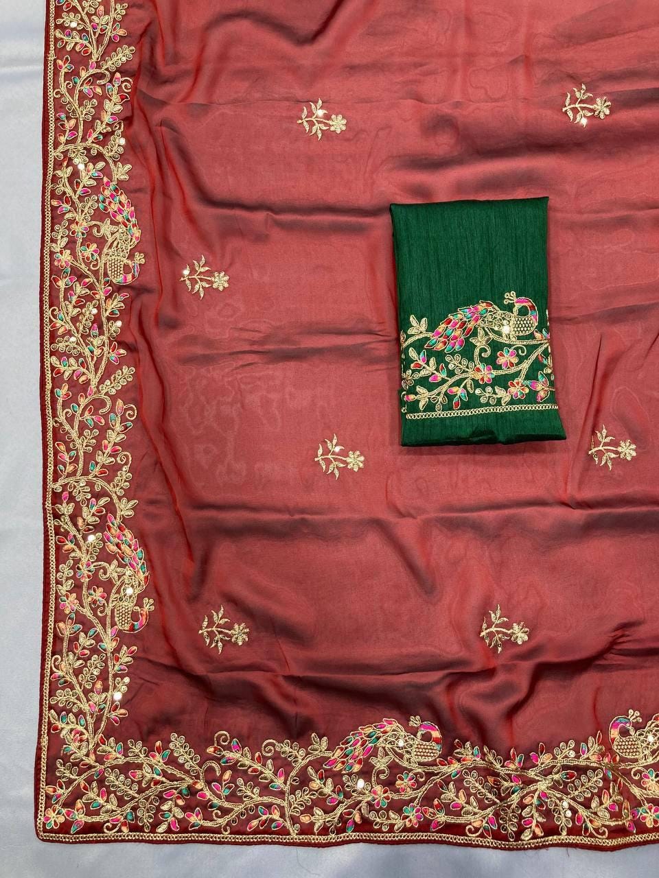 Soft Rangoli Silk Saree, Embroidered C-Pallu, Piping Border, Wedding Party Wear