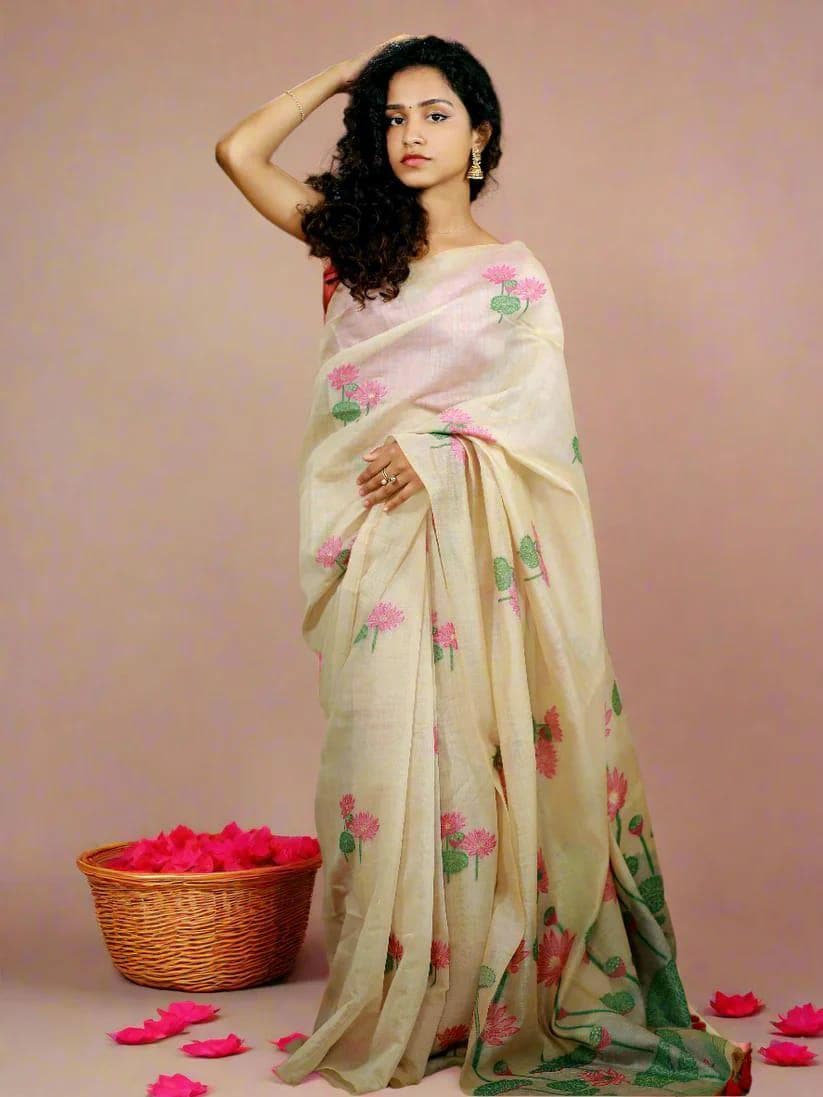 Muga Silk Saree, Floral Weaving, Pichwai Style Pallu, Contrast Blouse Piece