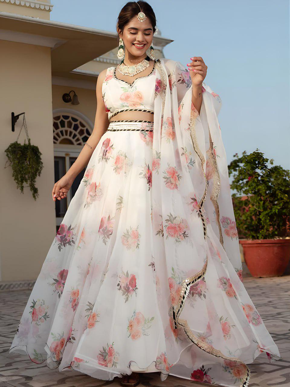 White Floral Organza Lehenga Choli Set with Gota Lace Embroidery