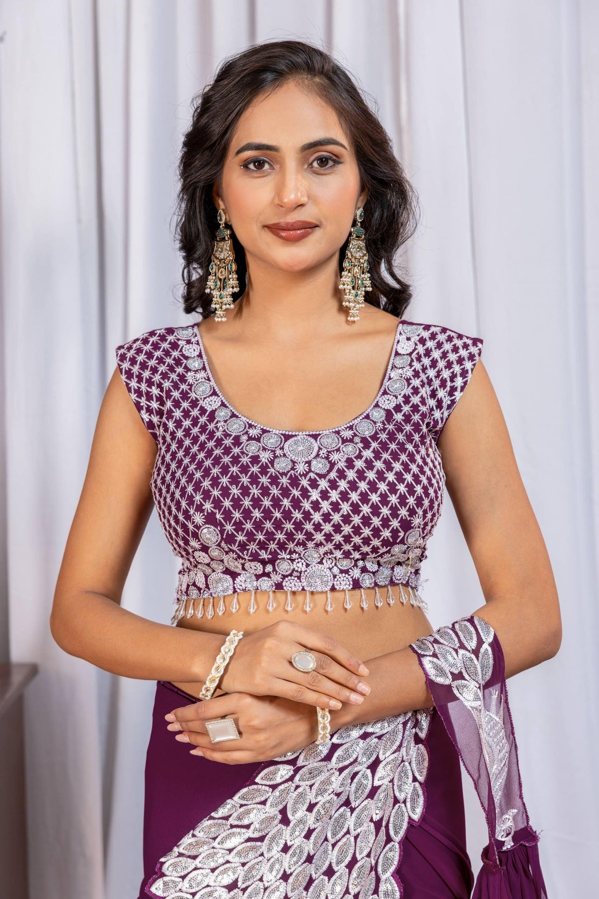 Ready to Wear Faux Georgette Saree with Embroidery & Sequins | Pre-Stitched Saree, Embroidered Blouse