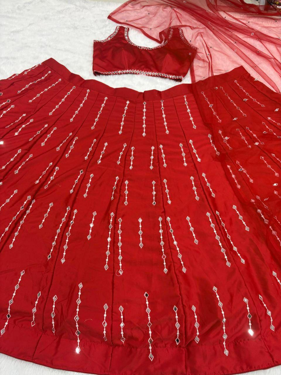 Malai Satin Silk Lehenga Choli, Mirror Work Bridal Wedding Party Wear Set