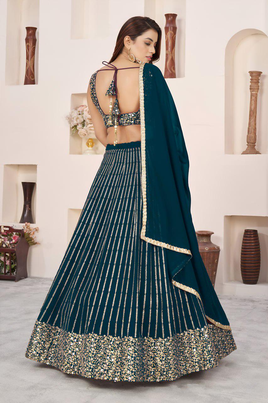 Bottle Green Georgette Lehenga Choli Set | Zari Sequins Embroidery, Festive Wear