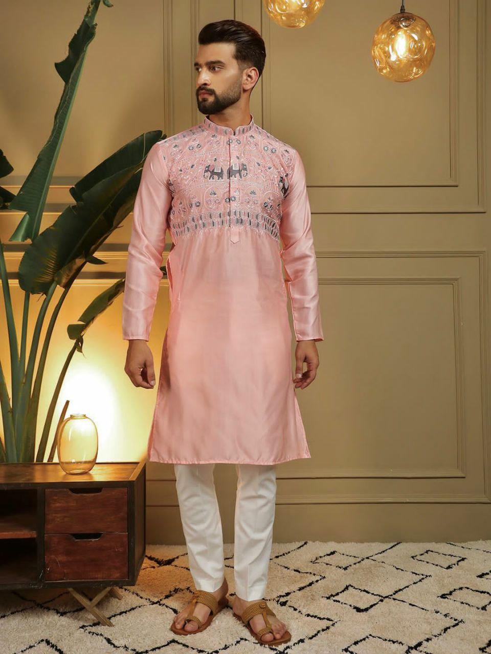 Viscose Silk Embroidered Kurta Set, Multi-Thread Sequins Ethnic Dress