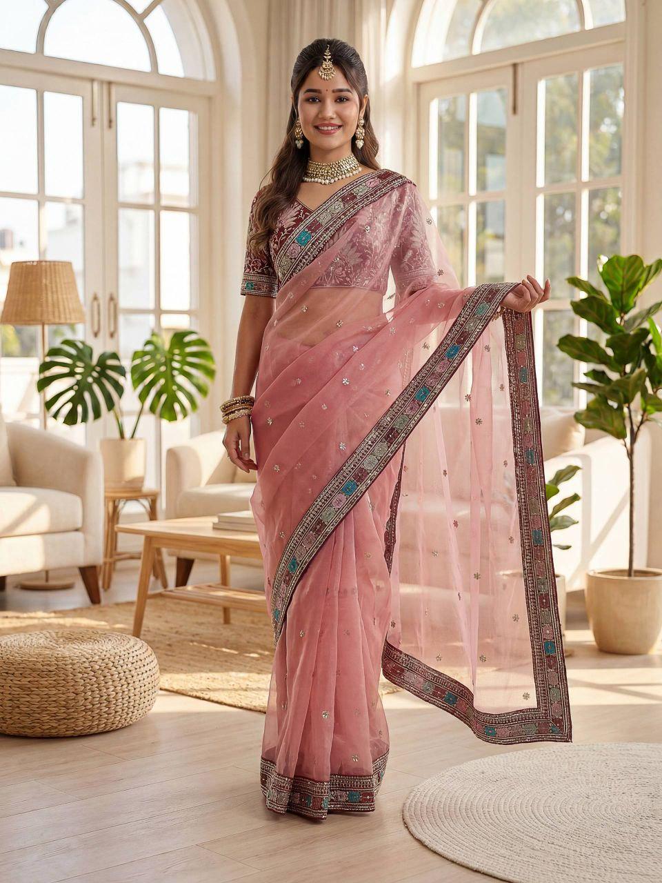 Organza Silk Saree with Embroidery Work & Lace Border | Designer Wedding Saree