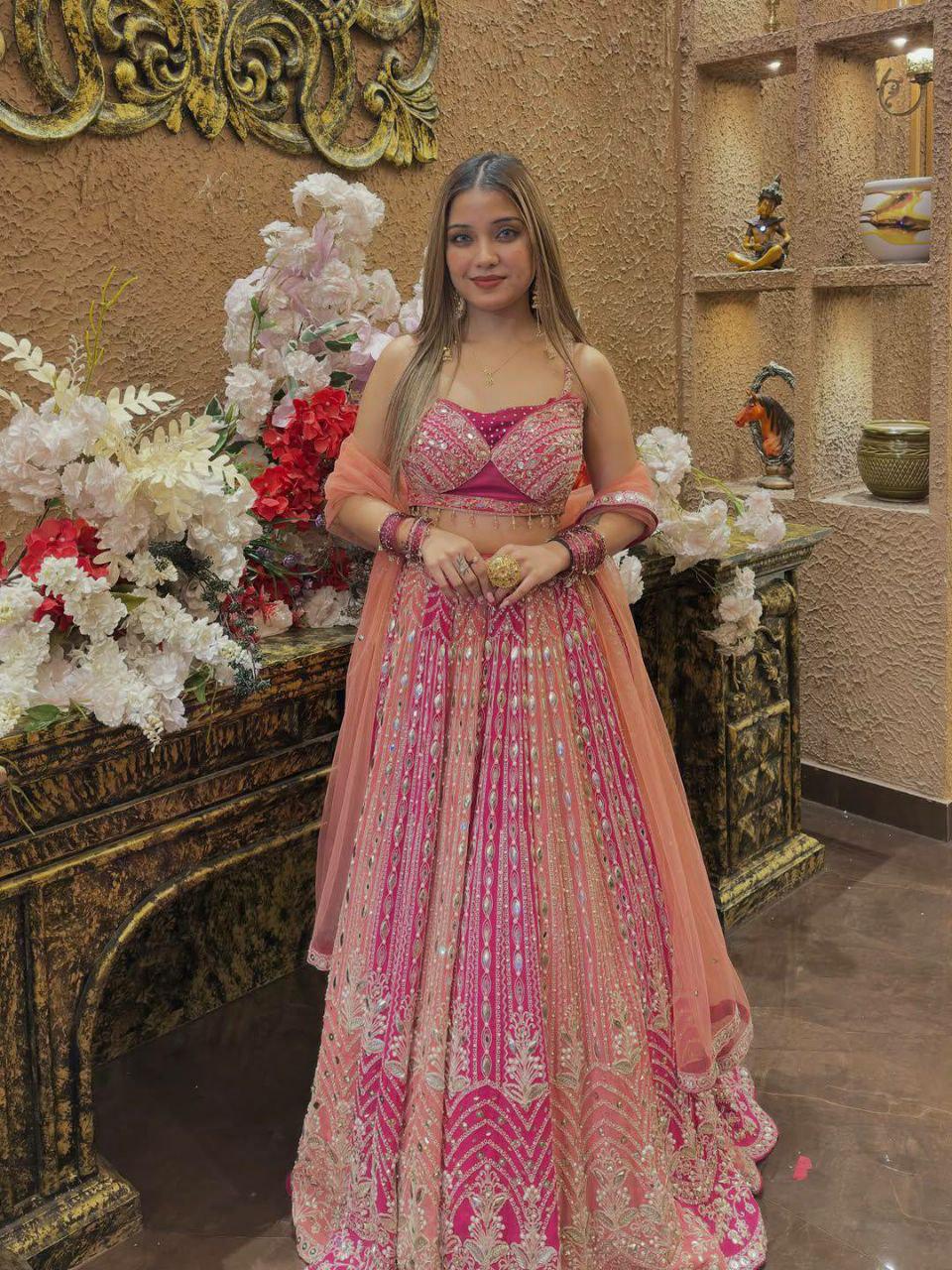 Faux Georgette Lehenga Choli, Mirror Work, Grand Flare Bridal Set