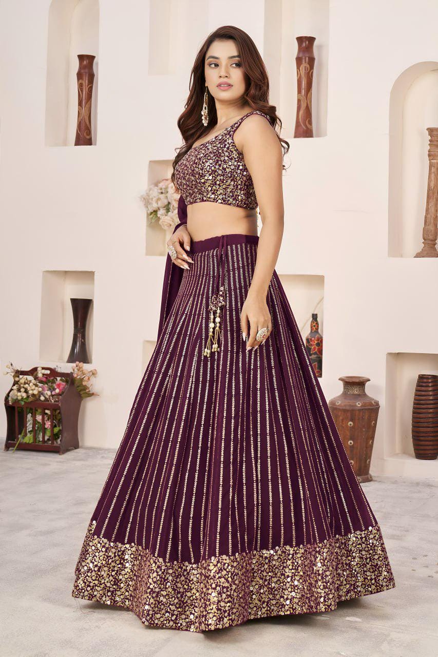 Wine Georgette Lehenga Choli Set | Zari Sequins Embroidery, A-Line Party Wear