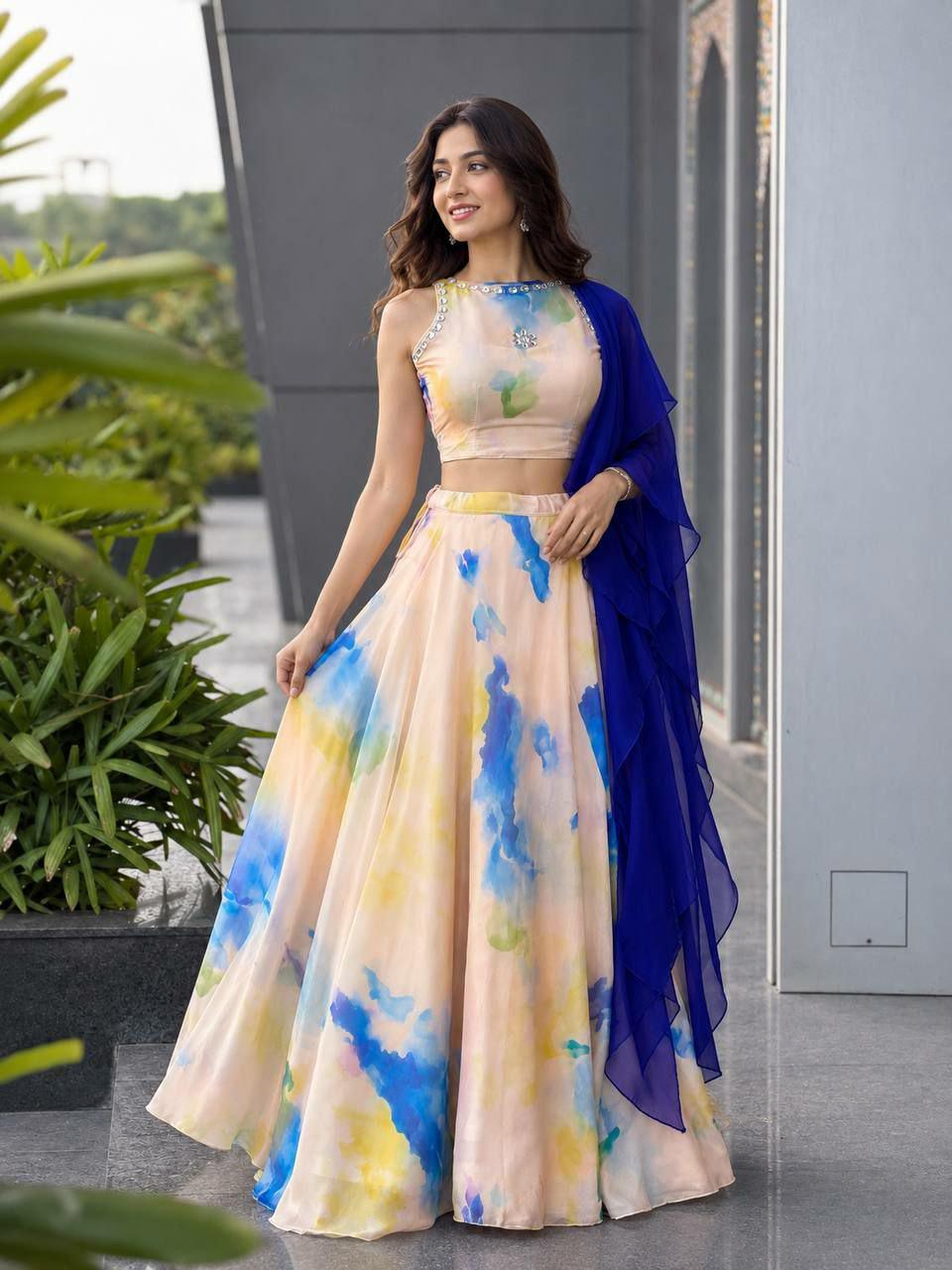 Printed Jimmy Organza Lehenga Choli Set | 8 Meter Flare Digital Print, Stone Work, Georgette Dupatta