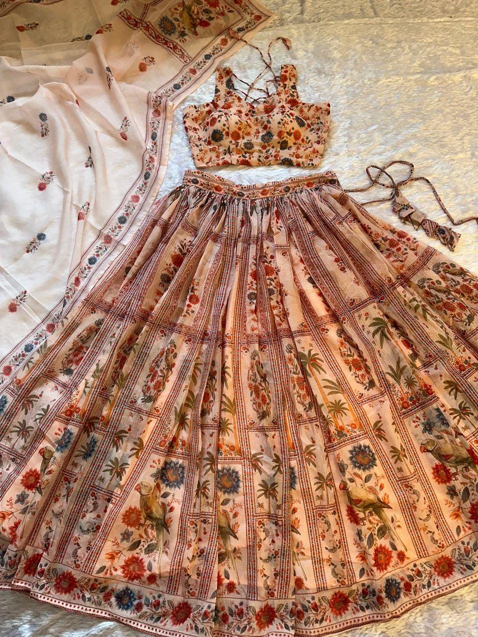 Pastel Floral Organza Lehenga Choli Set | Digital Print Padded Blouse, Party Wear
