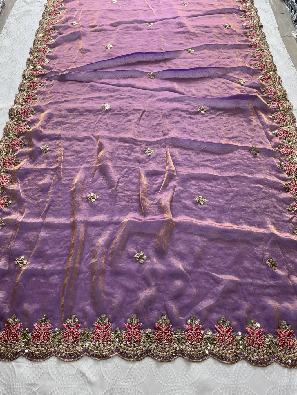 Fendy Satin Silk Saree | Embroidered Butti, Cutwork Border, Designer Wedding Wear