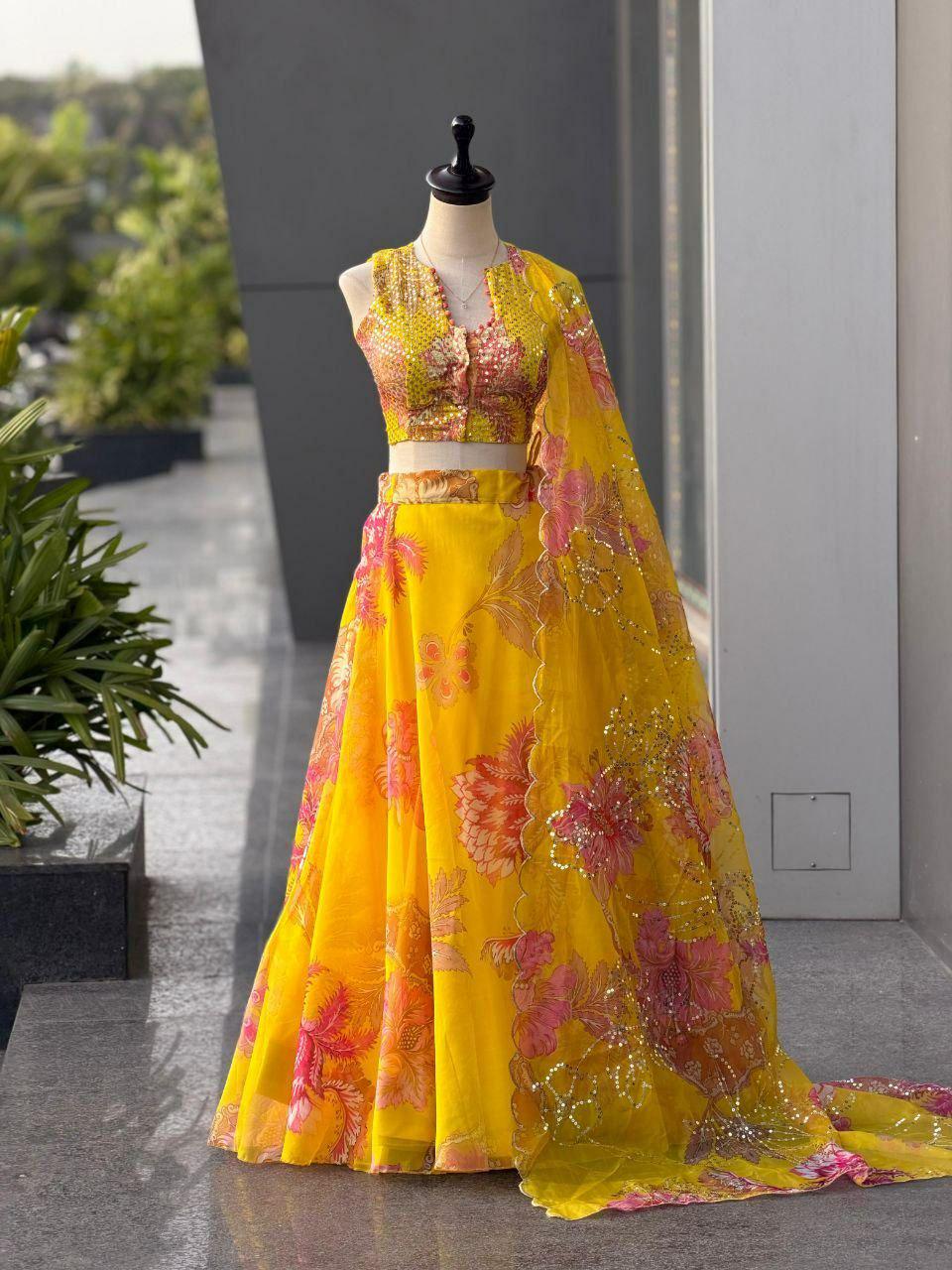 Pure Organza Lehenga Choli Set | Digital Print, Sequin Embroidery, 8 Meter Flair
