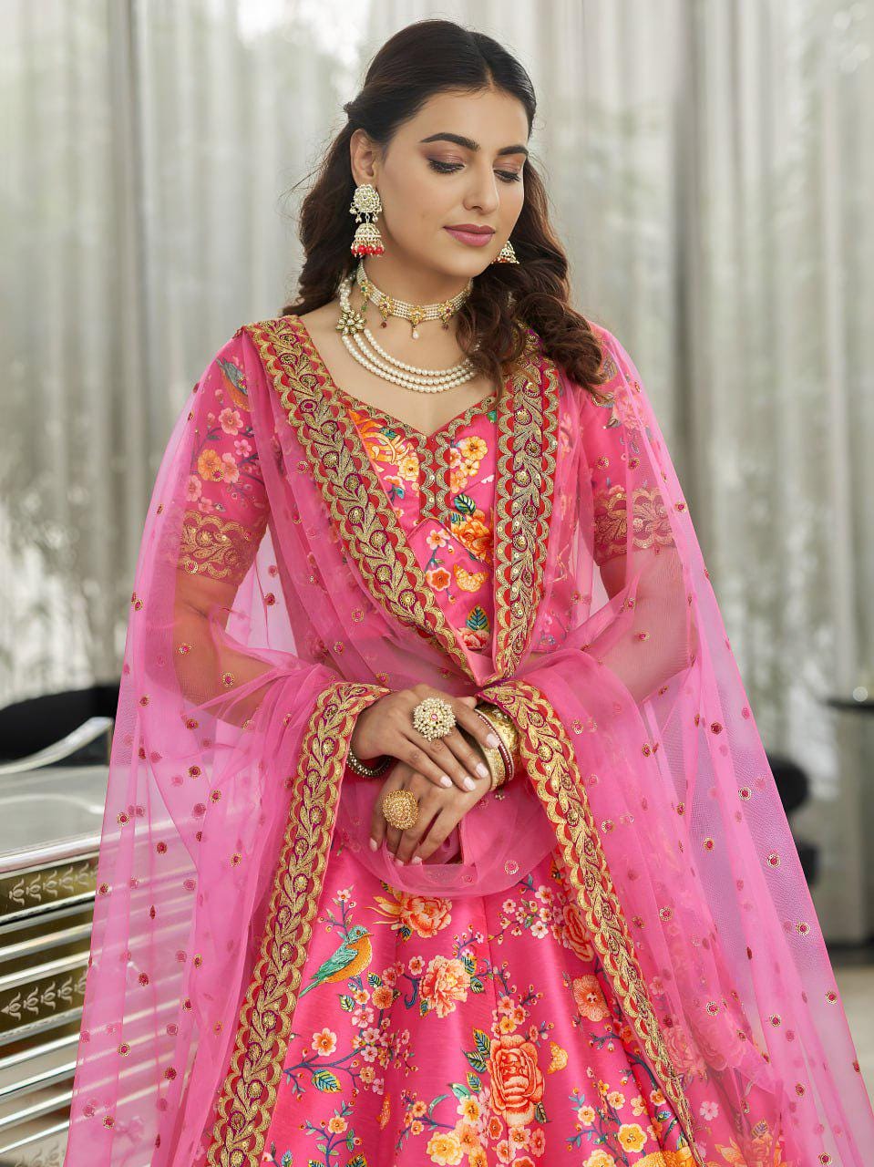 Pink Floral Art Silk Lehenga Choli, Dori Zari Sequins Embroidered Dupatta
