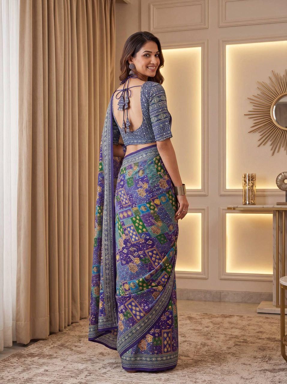 Chinon Ajrak Print Saree with Real Mirror Work | Festive Wedding Wear Blouse