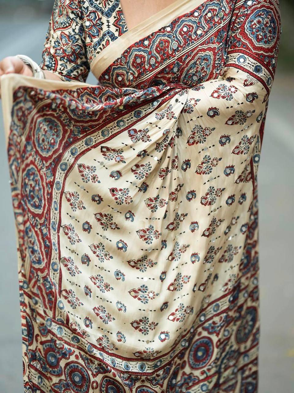 Ajrakh Print Semi Modal Silk Saree | Real Mirror Work, Pom Pom Pallu, Party Wear