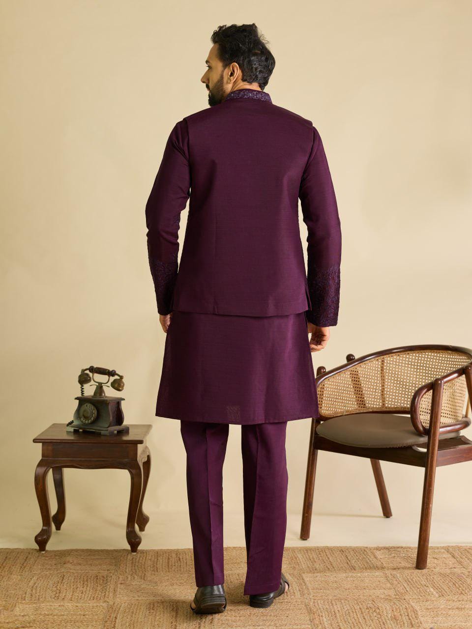Art Silk Kurta Koti Set | Real Mirror Multi Thread Embroidery Wedding Outfit