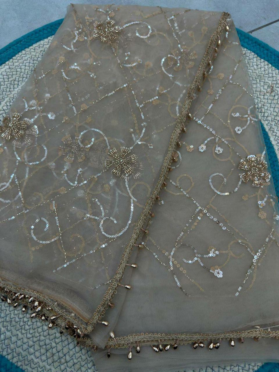 Designer Net Saree | Beads, Pearls, Sequins Embroidery | Party Wedding Wear (Unstitched Blouse)