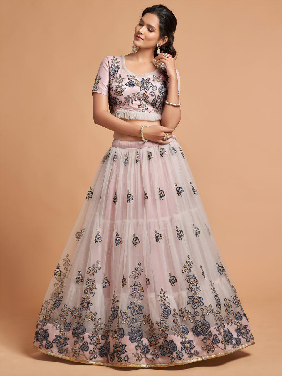 Light Grey Soft Net Lehenga Choli | Floral Embroidery, Zari, Dori, Sequins Bridal Set