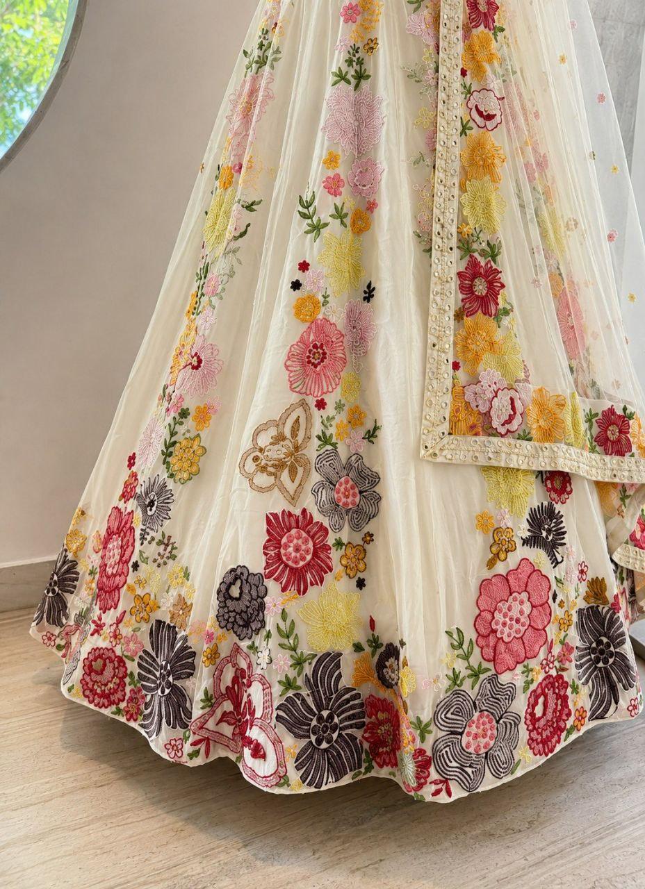 Chinon Lehenga Choli Set | Sequins Thread Embroidery, Wedding Wear Net Dupatta