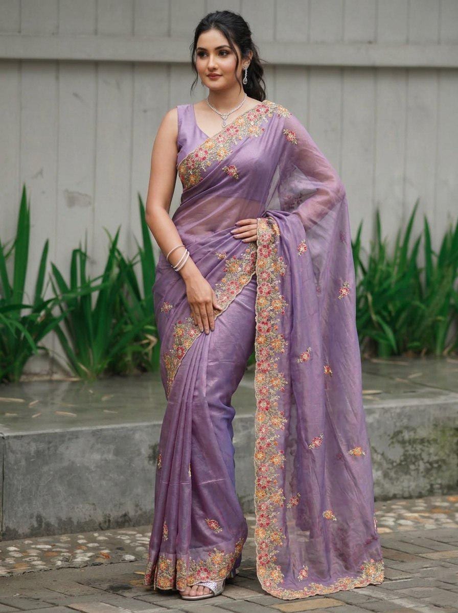 Twill Net Saree Multi Embroidery Cutwork Border | Designer Wedding Saree | Banglory Silk Blouse Piece
